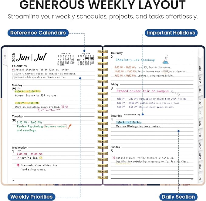 Planner 2026-2027, Academic Year Monthly and Weekly Calendar Planner, Jul 2026 - Jun 2027, Hardcover Teacher Student Planning Agenda book with Tabs, Perfect for School Office Supplies, 6.3" x 8.5" - Midnight Blooms