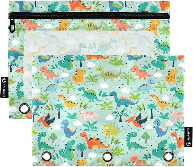 Funny Dinosaurs Pencil Pouches for 3 Ring Binder, Zipper Binder Pencil Case, 2 Pack Clear Window Case Bag for Office Organizers