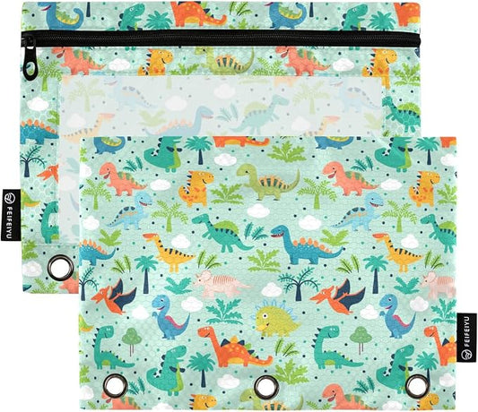 Funny Dinosaurs Pencil Pouches for 3 Ring Binder, Zipper Binder Pencil Case, 2 Pack Clear Window Case Bag for Office Organizers