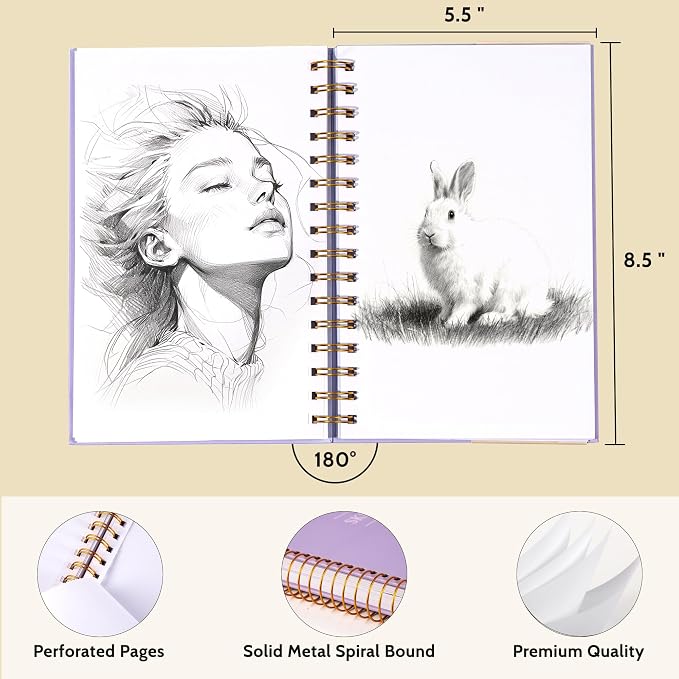 Yoment 5.5" x 8.5" Sketch Book, Small Sketchbook for Drawing, 100 Sheets(68 lb/100gsm) Hardcover Spiral Sketch Pad for Kids with Pencil Art Sketchbook Drawing Paper Pad Book for Adults Artists,Purple