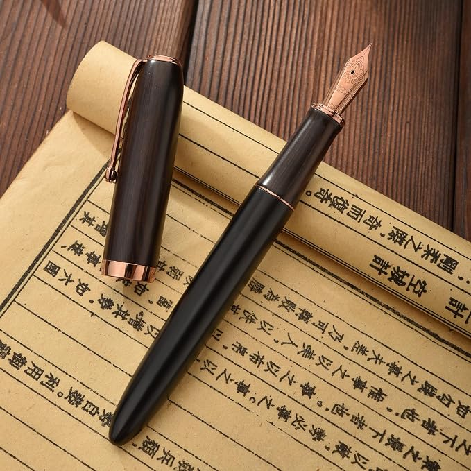 HONG DIAN A10 Fountain Pen, Fine Soft Nib Black Ebony Wood with Magnetic Cap Design and Metal Case Set