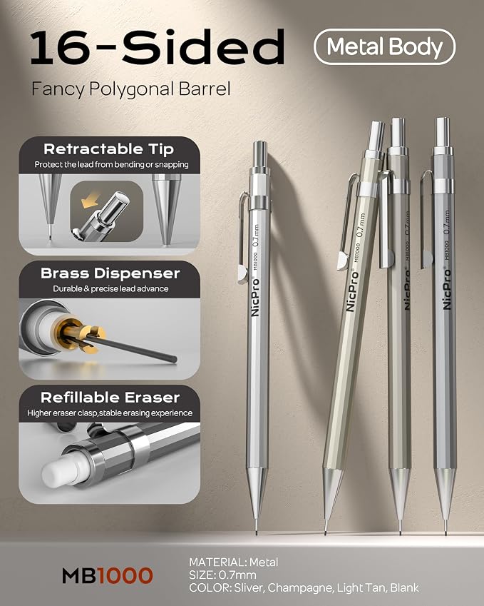 Nicpro 4 Pack Mechanical Pencil 0.7mm, MB1000 Metal Mechanical Pencil Set | 6 Tube HB #2 Lead Refill 0.7 mm, 3PCS 4B Eraser, 9 Cap Eraser, Storage Case for Artist Drafting Writing, Sketching, Drawing