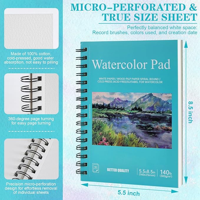 3 Pack 90 Sheet Watercolor Paper Pad 5.5“ x 8.5”, 140lb/300 GSM Cotton Cold Press Spiral Bound Pad Watercolor Sketchbook for Adults, Mixed Media,Markers, Art Painting, Journal