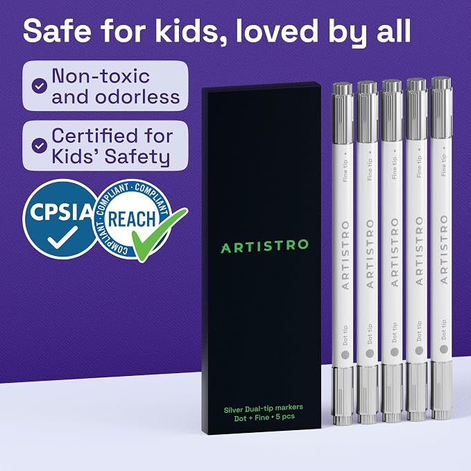 ARTISTRO 5 Silver Dual-Tip Acrylic Paint Markers – Paint Pens Set with Dot & Fine Tips for Fabric, Rock, Glass, Wood, Coloring Books – Arts & Crafts Gift – Classroom Must Haves & School Supplies