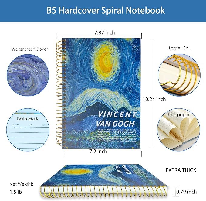 Large Spiral Notebook, B5, 300 Pages, 8x10 Big Notebook, Large Journal Hardcover, Thick Paper, Lined Notebook, Vincent Van Gogh Starry Night Gift for Women and Men.