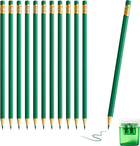 12 Pcs Green Pencils with Eraser for Kids HB Erasable Pencils Pre-Sharpened Professional Wooden Pencils Set with Smooth Lead Cores, Ideal for School Drawing, Sketching, Coloring and Creative Projects