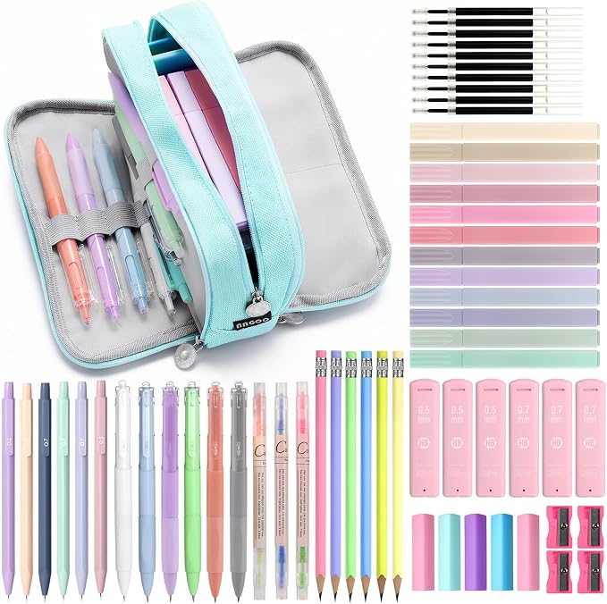 MoKo Pencil Case with Supplies, 59Pcs Aesthetic School Set, Blue | Includes gel pens, wooden and mechanical pencils, 0.5 and 0.7 mm refills, highlighters, erasers and sharpeners.