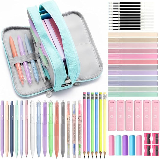 MoKo Pencil Case with Supplies, 59Pcs Aesthetic School Set, Blue | Includes gel pens, wooden and mechanical pencils, 0.5 and 0.7 mm refills, highlighters, erasers and sharpeners.