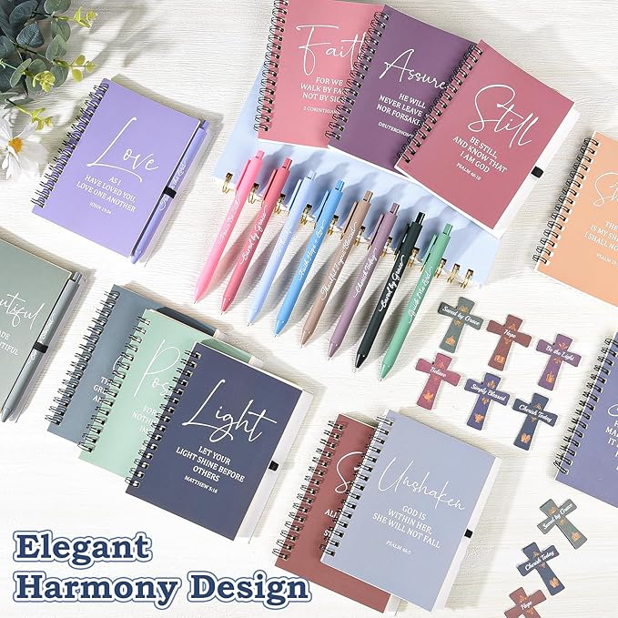 36 Pcs Christian Bulk Gifts for Women: Boho Prayer Journal Religious Gifts | 12 Bible Verse Spiral Notebooks, 12 Scripture Pens, 12 Magnetic Bookmarks, Small Church Journal for Bible Study Groups Pastor