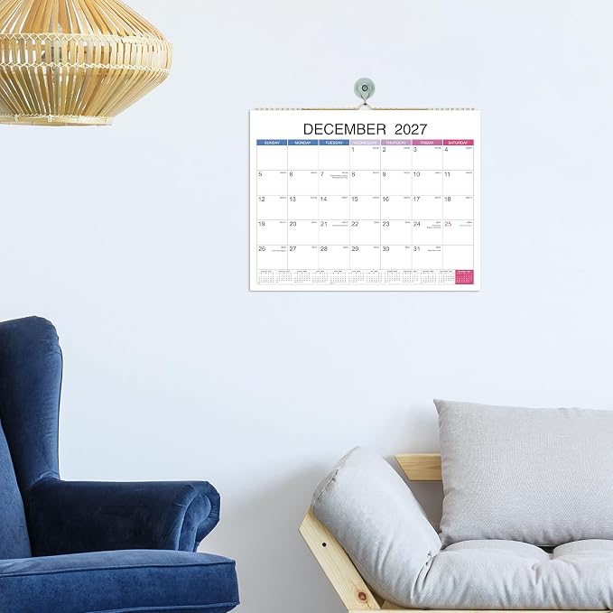2027 Wall Calendar - Jan 2027 - Dec 2027, 12 Monthly Hanging Calendar 2027 Planner, 15" x 11.5", Spiral Binding, Yearly Overview, Holidays, Large Blocks, Perfect Organizer for Home & Office