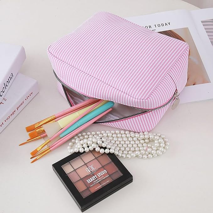 Large Capacity Striped Pencil Case Cosmetic Bag with Zipper Portable Stationery Organizer Pouch for School Students Teens Travel Toiletry Bag (Lake Blue)