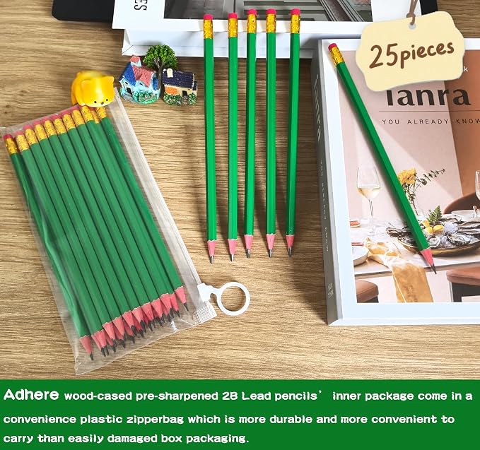 Adhere 25pcs Woodcase Pencils with Eraser Premium Pre-Sharpened Hexagon Graphite 2B pencils ideal for home, office writing including a Free Sharpener (Light green・25pcs)