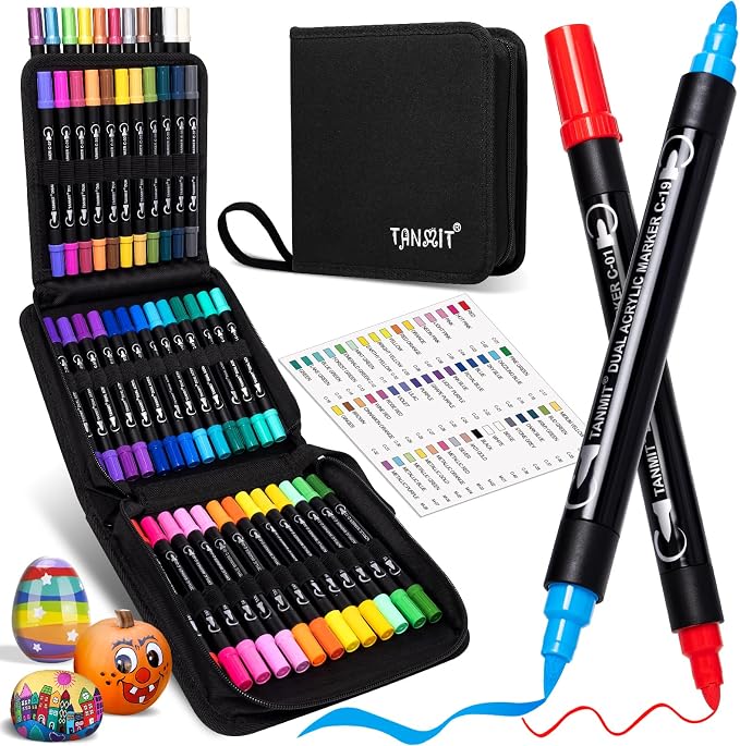 TANMIT 48 Colors Dual Tip Acrylic Paint Markers, Paint Pens Set with Brush Tip and Fine Tip For Fabric, Rock, Wood, Glass, Eggs, Scrapbook, DIY Crafts Making Art Supplies - Teacher Appreciation Gift