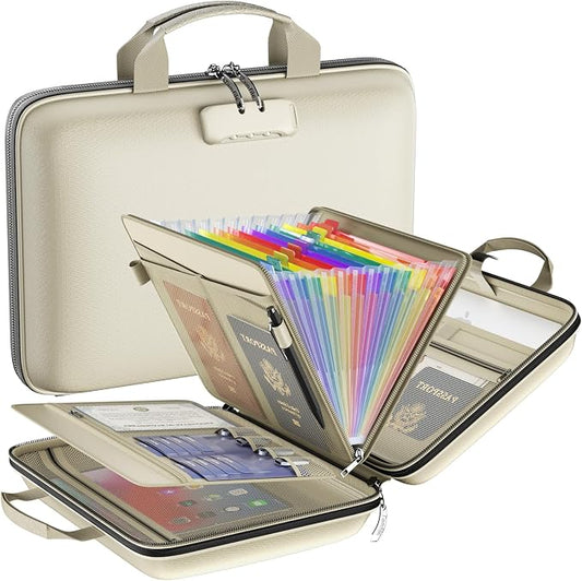 Fireproof File Organizer with Lock, Hard Case Fireproof Document Box with 13 Colorful Pockets Accordion File Folder, Important Document Organizer for Letter A4 Files Laptop Passports (Beige)