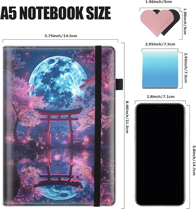 Hardcover Executive Notebooks, A5 PU Leather Lined Journal Notebook, 200 Pages Thick Paper Subject Notebooks for School,Work,Home Writing Business Notebook,Gate Under Moonlight Cherry Blossoms