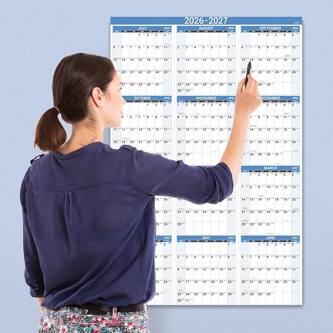 2026-2027 Yearly Wall Calendar - Calendar 2026-2027, July 2026 - June 2027 | Large Wall Calendar 26-27, 34.8" x 22.8"(Open), Full Year Calendar Large, One Page Vertical with Round Stickers - Haze Blue