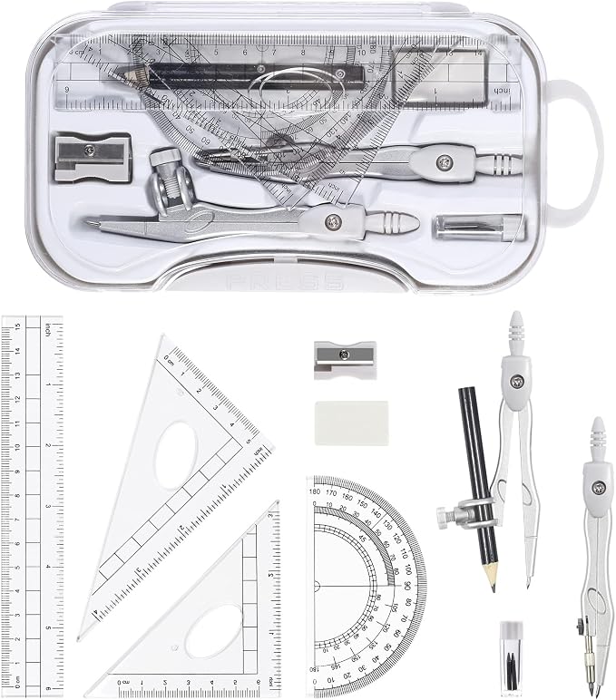 Unjoo Geometry Set 10 Pcs Student Supplies, Protractor and Compass (Grey） | Shatterproof Storage Box,Rulers,Protractor,Compass,Eraser,Pencil Sharpener,Lead Refills,Pencil,for Classroom, Back to School