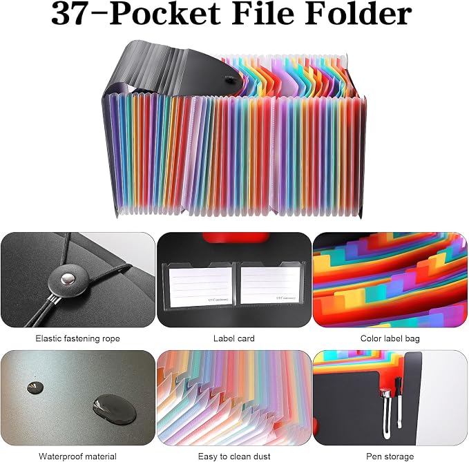 37-Pocket Expanding File Folder with Labels, A4/Letter Size Accordion Document Organizer, Portable Black Folder for Office, Travel, Business, School & Home