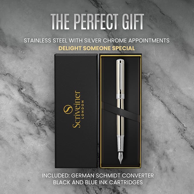 Scriveiner Stainless Steel Fountain Pen - Stunning Luxury Pen with Steel Finish, Schmidt Steel Nib (Fine), Best Pen Gift Set for Men & Women, Professional, Executive Office, Nice Designer Pens