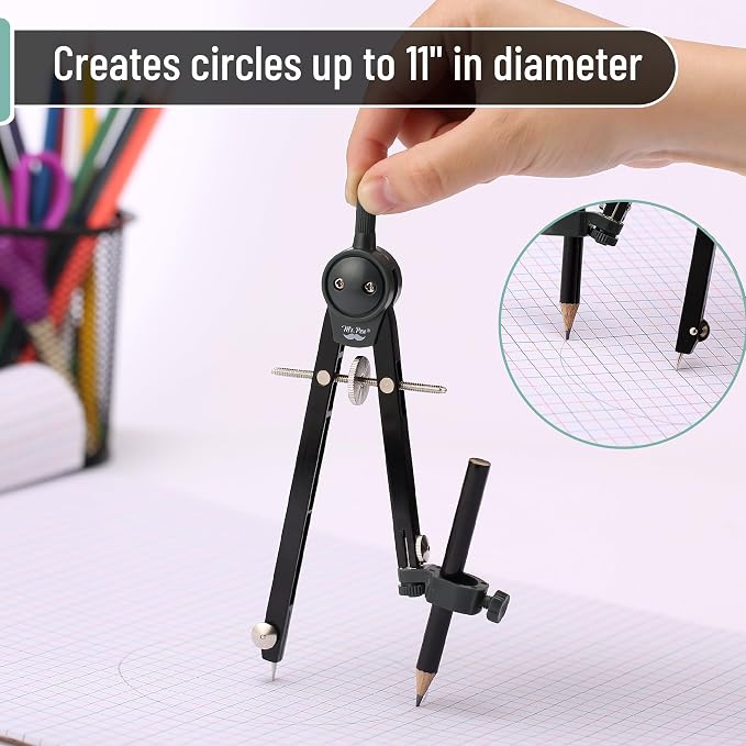 Mr. Pen- Metal Geometry Compass, Center-Wheel Design | Precision Drafting Compass with Pencil for School & Technical Drawing, Draws Circles up to 11 Inches Diameter