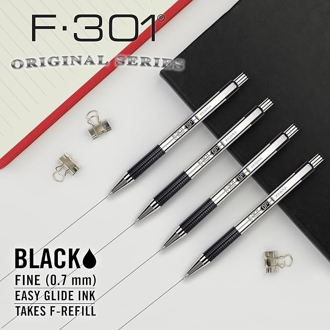 Zebra Pen STEEL F-301 Retractable Ballpoint Pen, Black Ink, 0.7mm, 6-Pack | Stainless Steel Barrel, Non-Slip Grip, Easy-Glide Ink, Fine Point Tip, Includes a Bonus MILDLINER Highlighter (27192)
