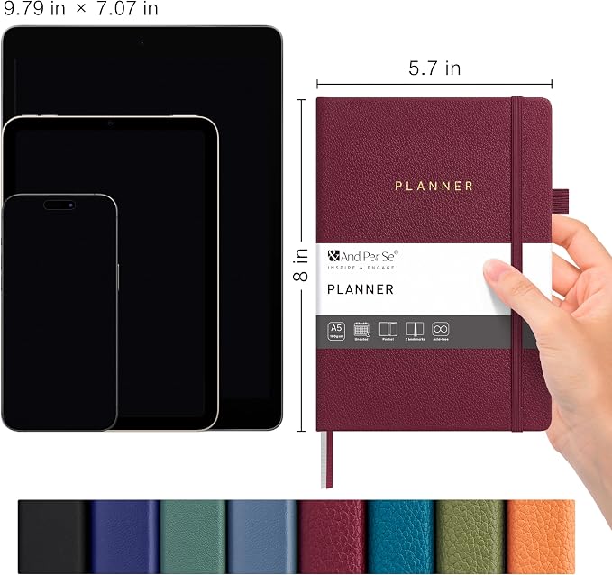 And Per Se Undated Academic Planner, Weekly & Monthly Planner with Goal & Habit Tracker, A5 Hardcover, Dark Red