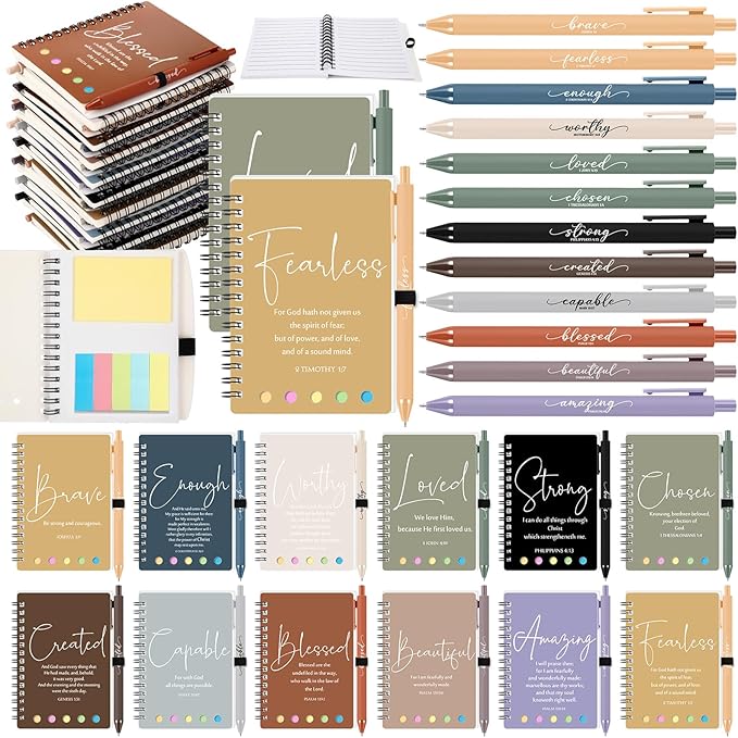 Kosiz 12 Sets/24 Pcs Christian Gifts Bulk Prayer Journal Scripture Notebook, Bible Pen (Classic,Dark Morandi)