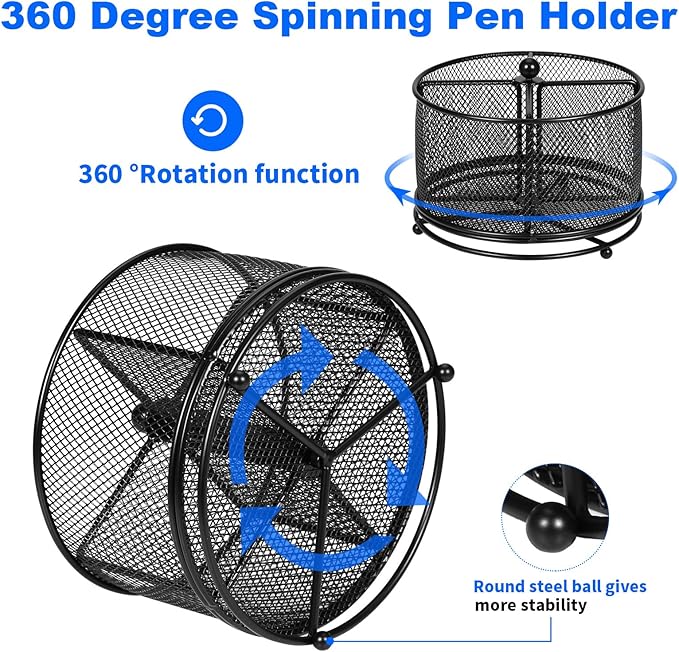 Pen Holder for Desk,360° Rotating Mesh Desk Organizer with Large Capacity 4 Compartments,Multi Functional Desk Accessories and Makeup Brush Holder for Office School Home (Black)