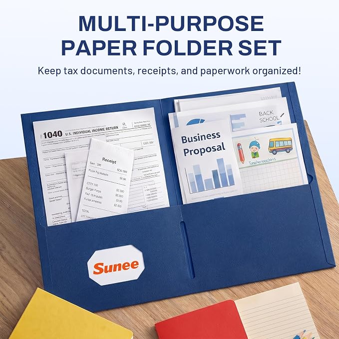 SUNEE Two Pocket Folders, 100 Pack File Folders with Business Card Slot, Textured Paper, Fit Letter Size Paper, Paper File Folder for School Office Home Business, Navy Blue