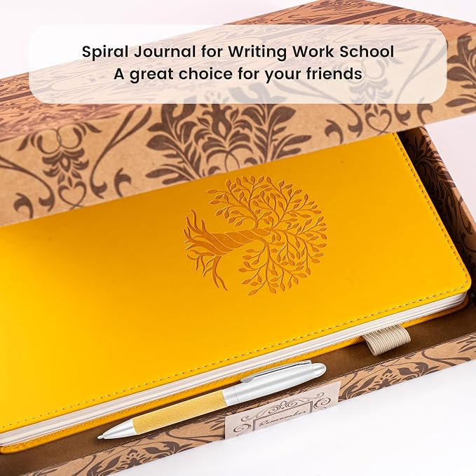 Spiral Notebook Leather Journal for Women, 300 Pages, 7X10,Yellow | Large Notebooks for School Office, Note Taking Notebooks for Writing Lined Notebook with Tabs Pockets Pen Holder
