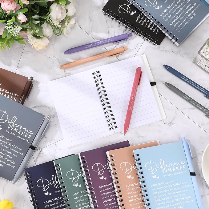 Resurhang 20 Sets Difference Maker Employee Appreciation Gift Bulk Inspirational A6 Spiral Notebook Journal Ballpoint Pens for Teacher Volunteer Coworker Team Back to School (Office Colors)
