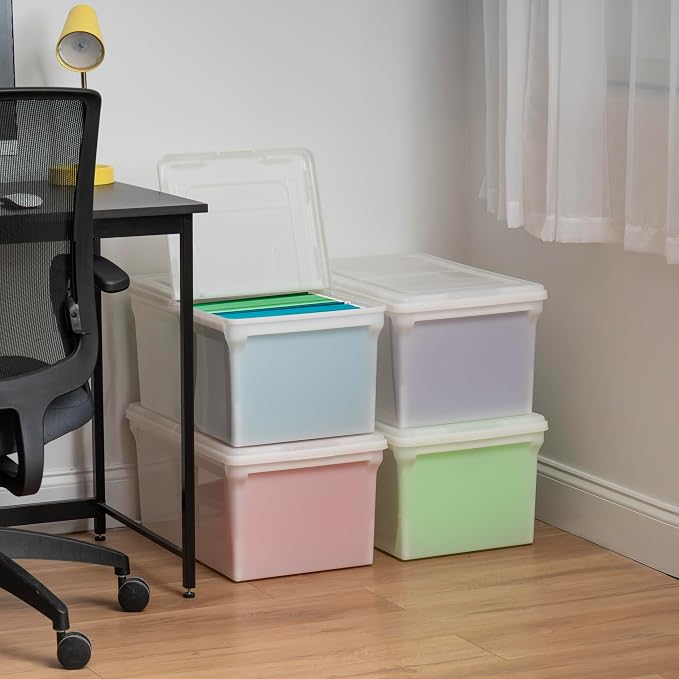 IRIS USA 4-Pack Snap File Box with Locking Lid, Black | Protect important documents, letter and legal files with secure storage for home offices, moving, and long-term organization