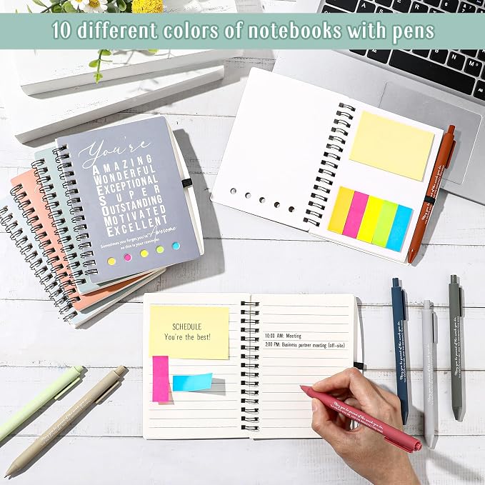 Jetec 100 Pcs/50 Sets Back to School Teacher Gifts Motivational Spiral Notebook with Sticky Notes Pen Bulk Inspirational Journals Thank You Gift for Employee Coworker Birthday Party (Light Morandi)