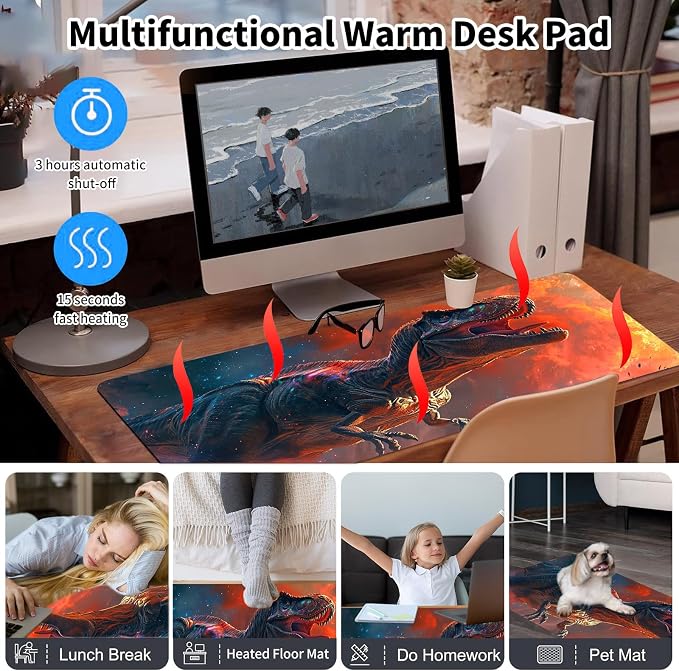 Warm Desk Pad,Heated Desk Pad,Office Mat,3 Heating Levels & 3 Hours Auto Shut-Off,31.5"*13" Gaming Mouse Laptop Keyboard Leather Desk Mat,Dinosaur Glitter Sunset