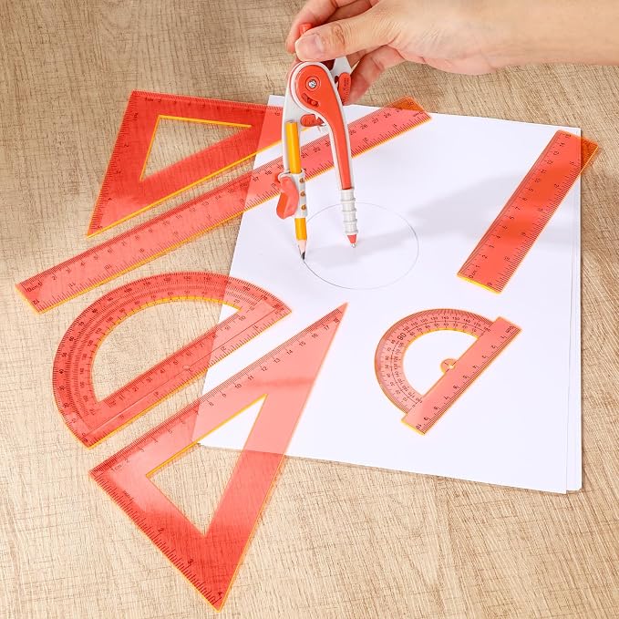 Zonon 1 Set Plastic Geometry Math Set 7 Pcs Includes 6'' / 4 '' Protractor, Drawing Compass, 45/60 Degree Triangle Rulers, 12'' / 6'' Math Ruler Transparent for Office Supplies(Orange)