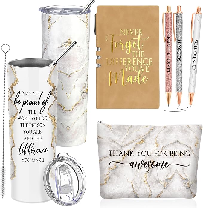 Domensi 6 Pcs Employee Appreciation Gift Set for Women Female Thank You Gift May You Be Proud 20 oz Rustic Marble Sign Tumbler Makeup Bag Journal for Boss Teacher Work Business(White)