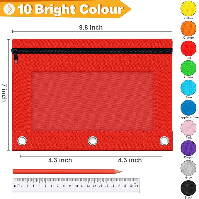 Pencil Pouch for 3 Ring Binder, 100 Pack Bulk Zipper Pencil Cases with Clear Window, 10 Assorted Color Cloth Binder Pouches with 3 Holes, Durable Pencil Bags for Classroom School Office Supplies