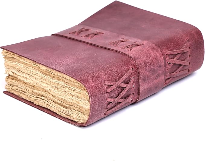 Leather Bound Vintage Journal for Women & Men – Book of Shadows – Lock Closure – 200 Pages of Antique Deckle Edges Handmade Paper (Burgundy, 6 x 4 inches)