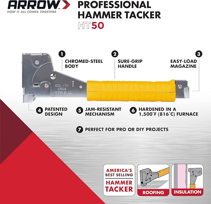 Arrow HT50 Heavy Duty Hammer Tacker, Chromed-Steel Manual Stapler with Sure-Grip Handle, Dual-Capacity Rear-Load Magazine, Fits 5/16”, 3/8", or 1/2" Staples (Pack of 4)