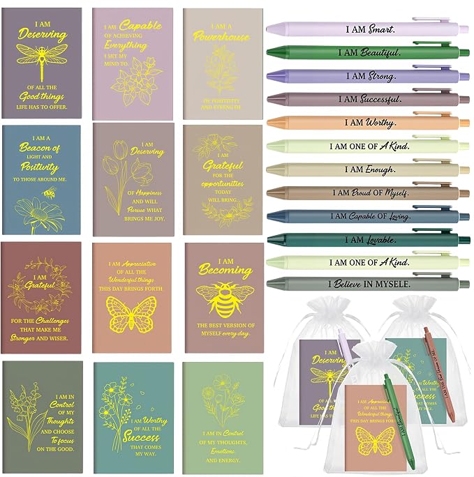 Mooliwe 24 Pcs Positive Affirmation Gift Set Gratitude Notebooks with Pens Small Bags Motivational Encouragement Notepads Daily Affirmations Journal for Women Stress Relief Self Care (Morandi)