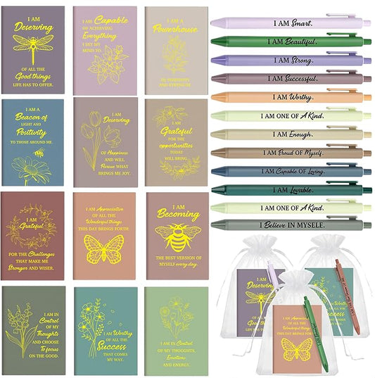 Mooliwe 24 Pcs Positive Affirmation Gift Set Gratitude Notebooks with Pens Small Bags Motivational Encouragement Notepads Daily Affirmations Journal for Women Stress Relief Self Care (Morandi)