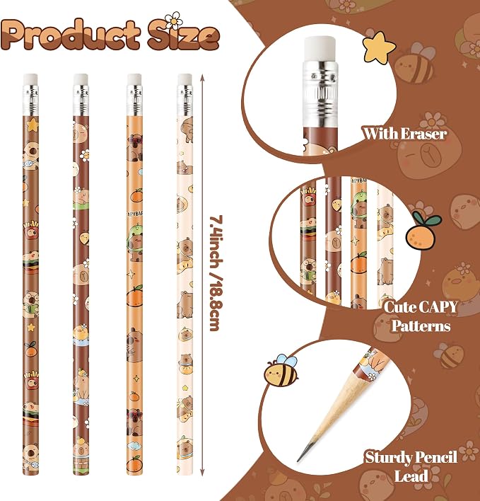 Xqumoi CAPY Pencils with Eraser - Cute CAPY #2 HB Pencils, School Classroom Student Rewards Back to School Office Supply Animal Print Goodie Bag Fillers Stuffers Birthday Party Favors