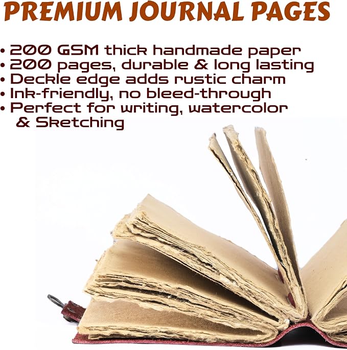 Leather Bound Vintage Journal for Women & Men – Book of Shadows – Lock Closure – 200 Pages of Antique Deckle Edges Handmade Paper (Burgundy, 7 x 5 inches)