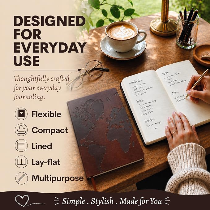 WORLD TRAVELER Eccolo A5 Hardbound Journal Notebook 256 Ivory Lined Pages | Sturdy Flexible Hardcover, 80GSM Acid-Free Ivory Pages, Smyth-Sewn Lay-Flat Binding, Ribbon Bookmark