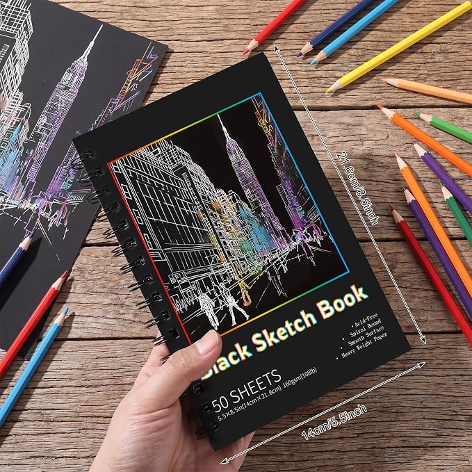 Black Paper Sketchbook 2 Pack, 5.5 × 8.5 in, 100 Sheets, Spiral Bound | 160gsm Acid-Free Black Paper, Sturdy Spiral Binding, Clean Tear-Out Pages, Ideal for Colored Pencils, Chalk, And Gel Pens