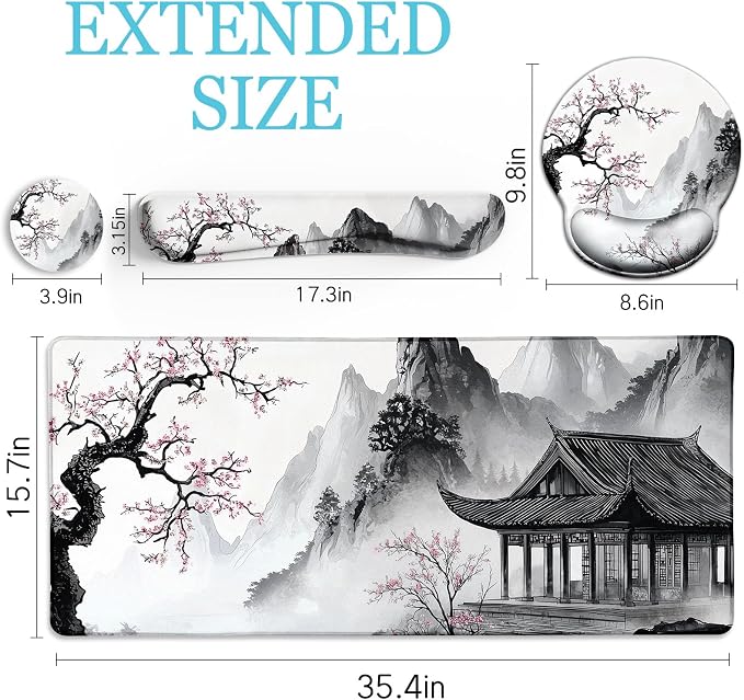 LIMKRIAN Japanese Ergonomic Mouse Pad Set, Large Desk Matt for Desktop | Mousepad Gel Wrist Rest, Memory Foam Keyboard Wrist Support, Gaming Computer Mat, Coaster, Anime Office Desk Accessories