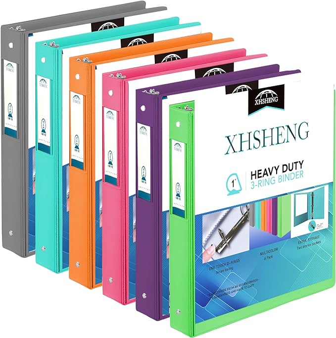 XHSHENG 1 Inch Binders 3 Ring,One Touch Easy Open D-Rings,Letter Size | 1 In Three Ring Binders,with 2 Pockets, Holds 225 Sheets 8.5x11 inch Papers, View Binders for School Supplies