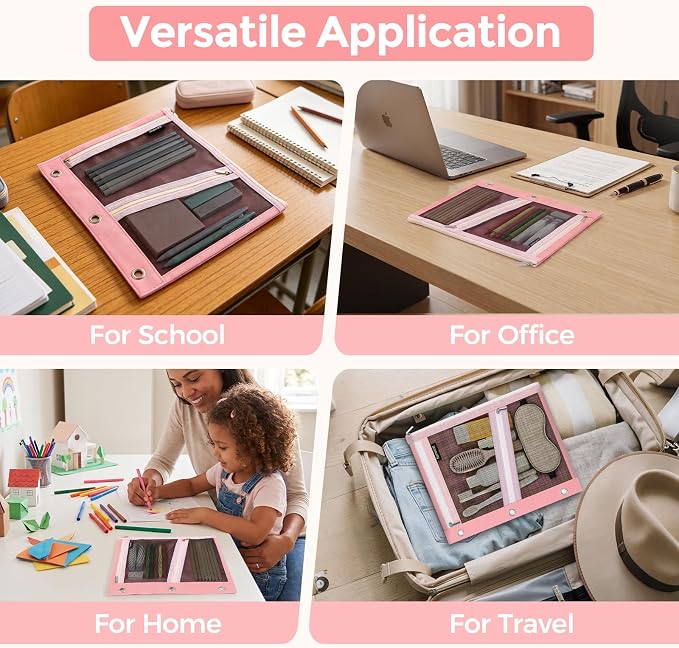 KONVINIT Pencil Pouch for 3 Ring Binder, Pink Zipper Binder Pencil Pouch | Zipper Pencil Pouches, Durable Cloth Pencil Case With 3 Pockets, Mesh Window Pencil Bag With Supplies, Cables, Makeup