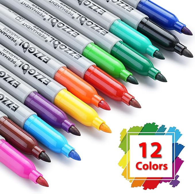 Ezzgol Permanent Markers Bulk, Permanent Marker Bulk Pack of 72, 12 Assorted Colors, Fine Point Permanent Markers For Adult Coloring as Office, School Supplies