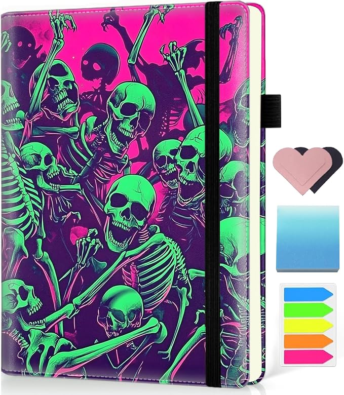 Hardcover Executive Notebooks, A5 PU Leather Lined Journal Notebook, 200 Pages Thick Paper Subject Notebooks for School,Work,Home Writing Business Notebook, Diary Book ，Green Skull